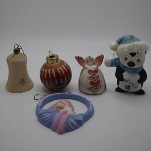 Vintage Christmas Ornaments Lot 5 Bell Angel Santa‎ Madonna Painted